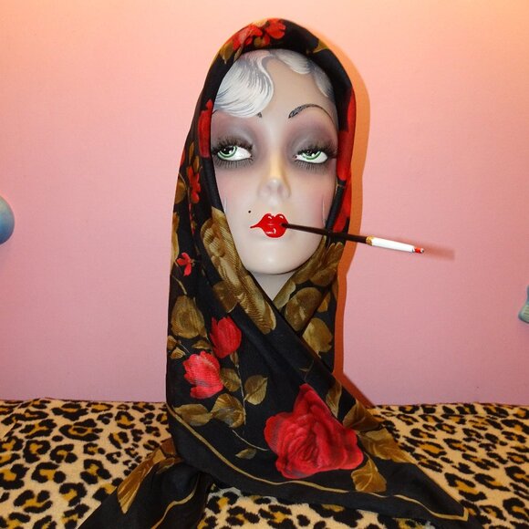 Vintage Kathie Lee Collection Extra Large Floral Scarf black roses head wrap bow - Picture 13 of 16